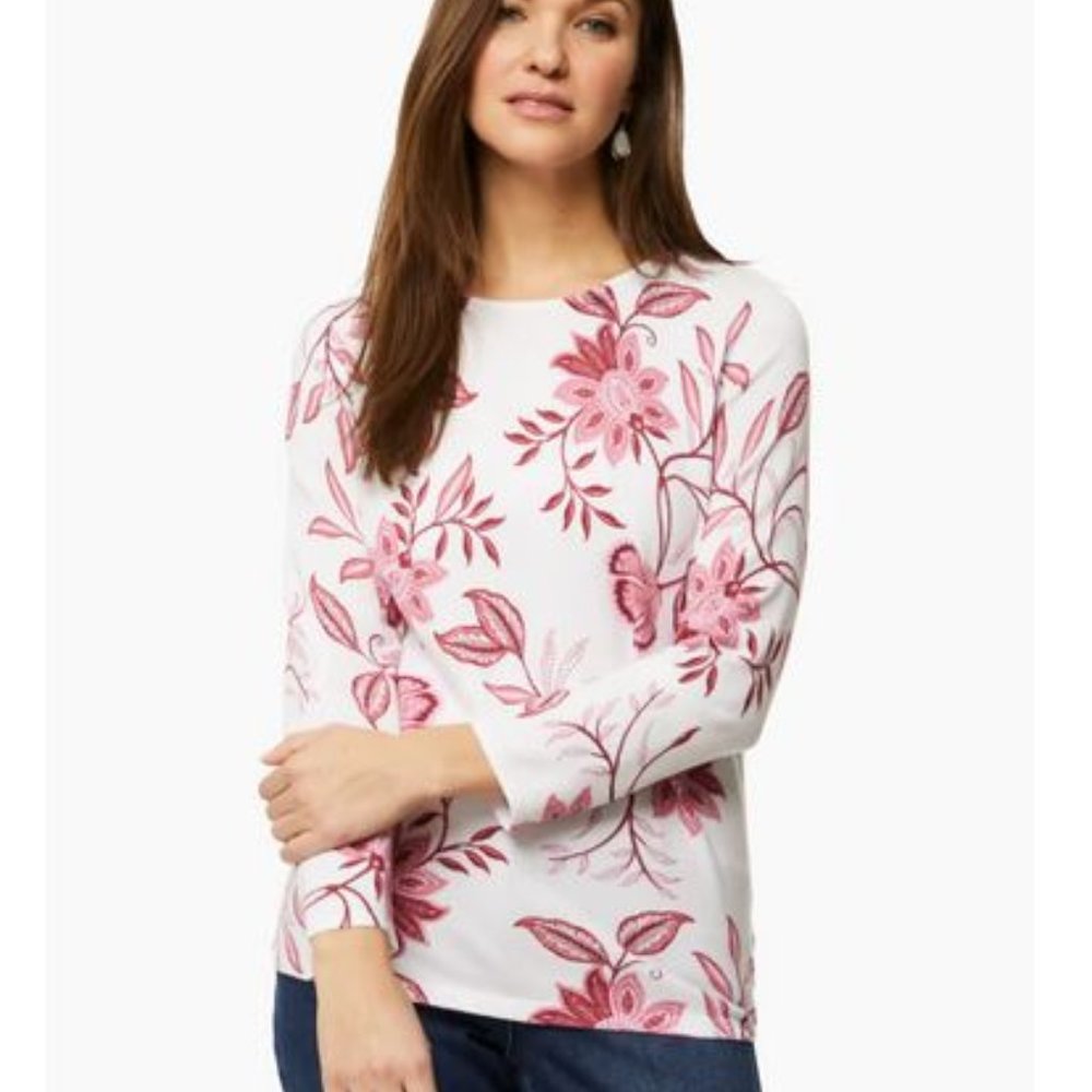 LAURA:  Boat Neck Floral Motif Sweater - white with fushia print